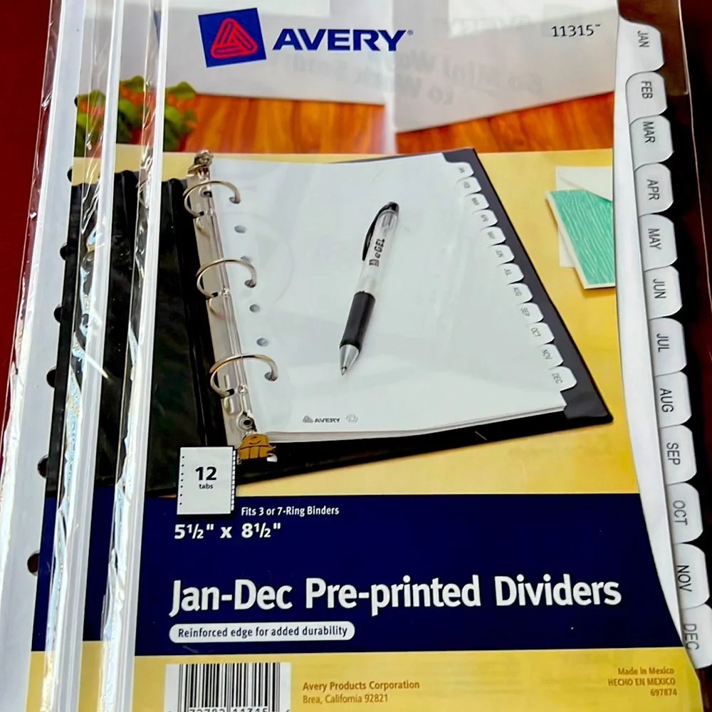 Avery 3 set Jan-Dec pre-printed dividers 5 1/2 x 8 1/2